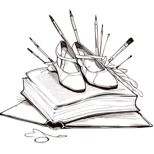 A Sketch Of A Book With Paintbrushes And Ballet Shoes Intertwined In The Design