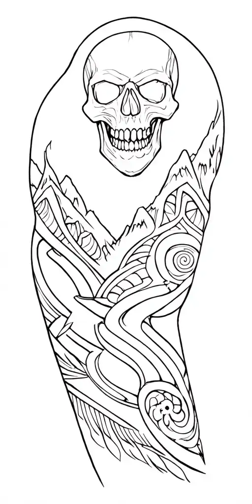Arm Sleeve Skull And Maori And Realistic Mountains
