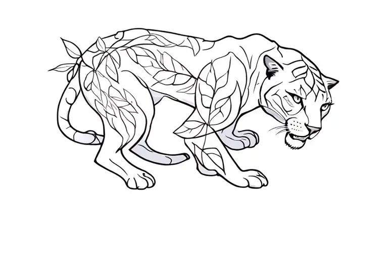 A Black Panther Stalking In Leaves Intertwined