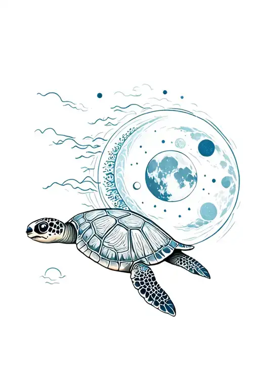 Sea And Sea Turtle With Moon Phases