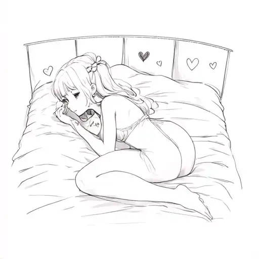A Girl Laying On A Bed With Hearts Around Her