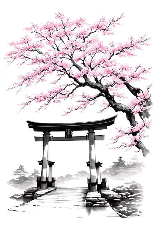 Japanese Torii Gate With Cherry Blossom Tree And Ambience