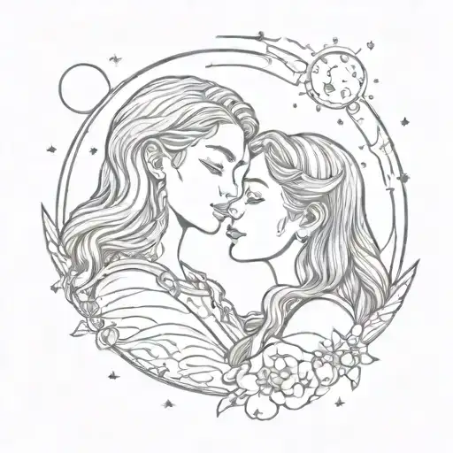 Blonde Girl On The Moon Background With Brunette Girl On The Sun Background