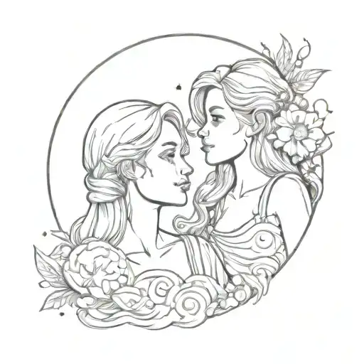 Blonde Girl On The Moon Background With Brunette Girl On The Sun Background