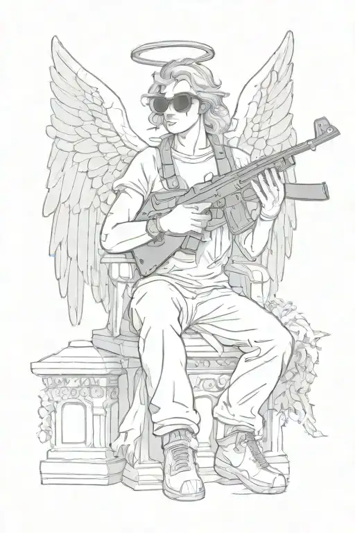 Angel With Ak47 Cigarette And Sunglasses Sitting