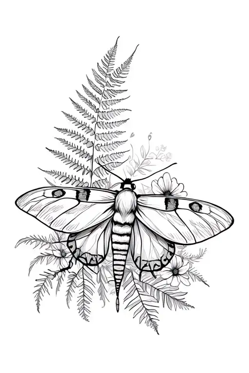 Moth With Fern And Flowers In The Background