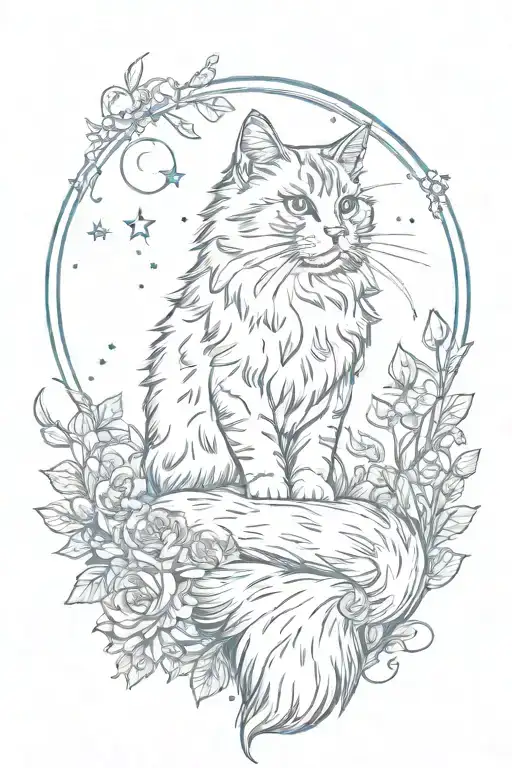 Fluffy Cat In Full Growth Looks Straight At The Flowers And The Moon