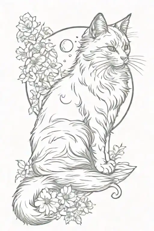 Silhouette Of A Fluffy Cat On The Background Of Flowers And The Moon Is Located On Top