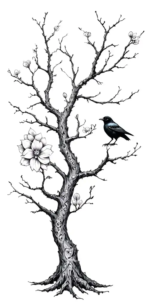 Flowers And Bare Spooky Tree Intertwined With A Crow