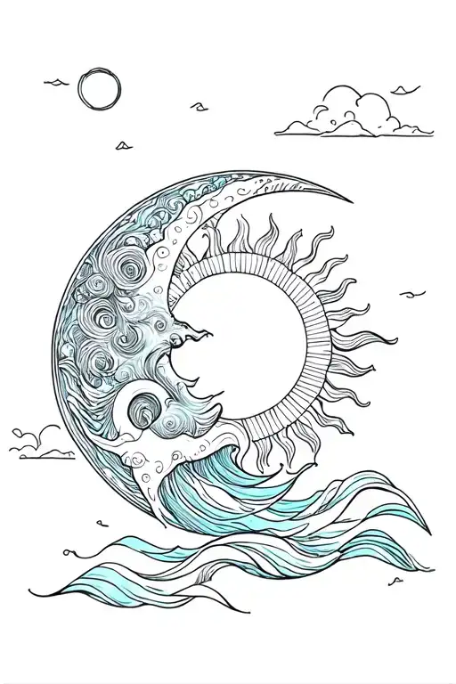 Sun And Moon With Waves Flowing