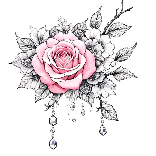 Roses And Cherry Blossom With Mandala Design Incorporating And Jewels Falling To The Wrist
