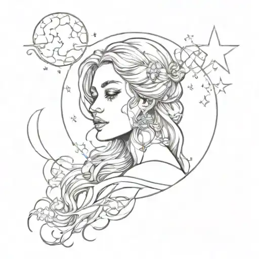 Woman With Moon Surrounded By Stars