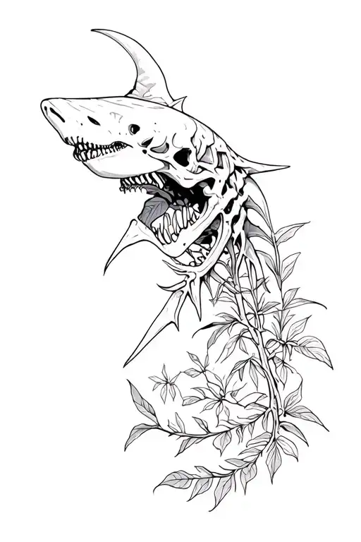 Skeleton Shark With Deadly Nightshade Plant Intertwined