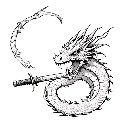 Dragon With Katana And Japanese Samurai