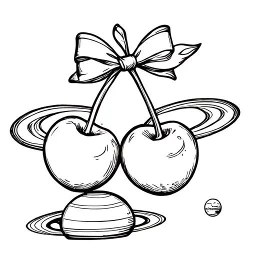 Two Cherries With A Bow And A Small Saturn At The Bottom