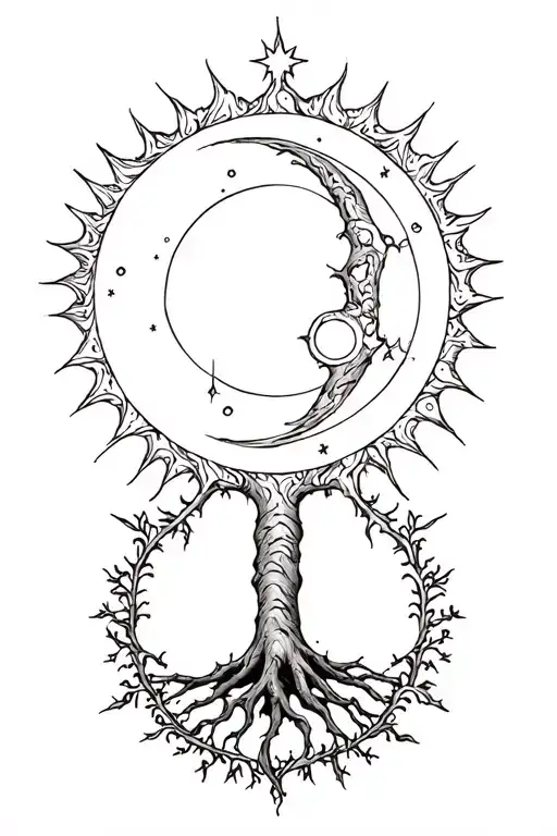 Tree Of Life Intertwined With Moon And Sun And Stars