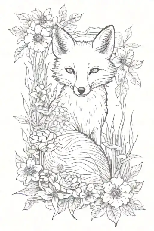 Little Fox Lies In Flowers And Grass