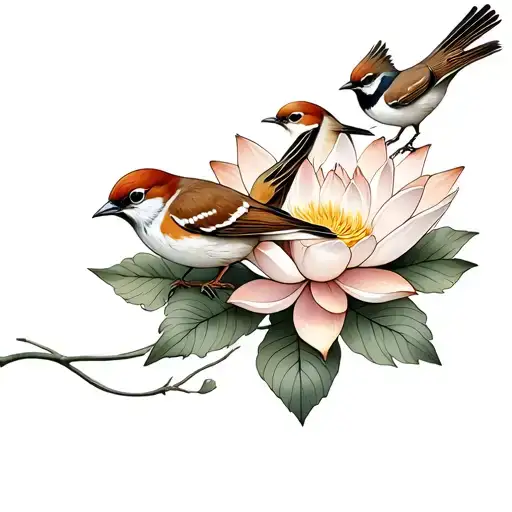 Two Sparrows And A Lotus Flower Blooming