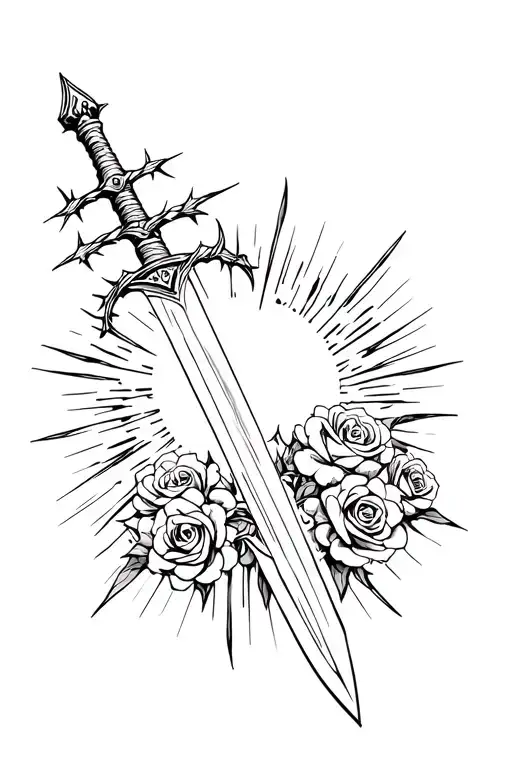 Sword With Barbed Roses Wrapped With Sun Glaring Background
