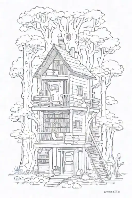 A Cabin Nestled Among Tall Trees With A Bookshelf Full Of Books Inside