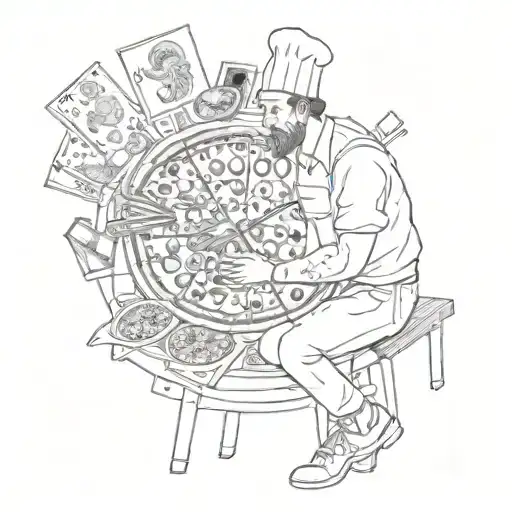 A Sketch Of A Pizza Maker Surrounded By Tarot Cards And Puzzles