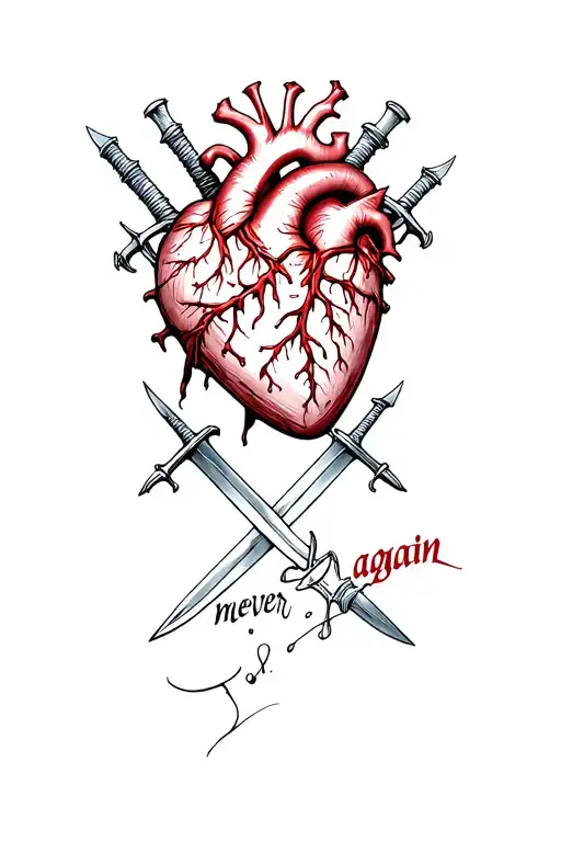 Heart Bruised And Pierced By Swords With Lettering Marked 'Never Again'