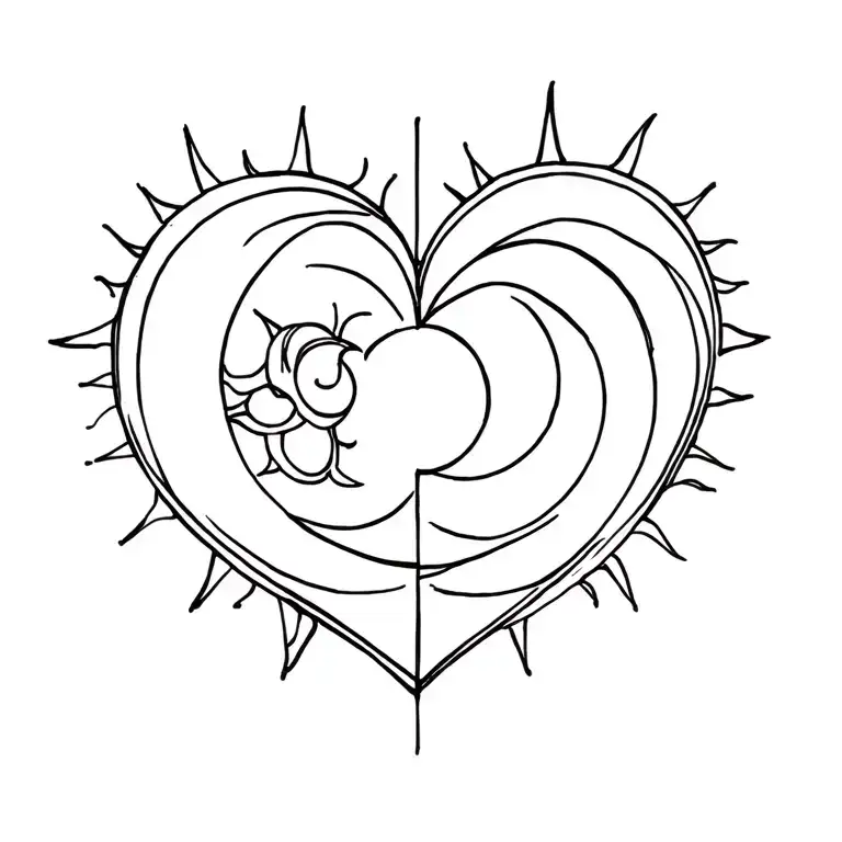 Fine Line Heart Symbol Incorporating A Sun And Moon