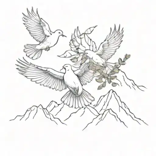 Mountains With 3 Doves Flying One Holding Olive Branch