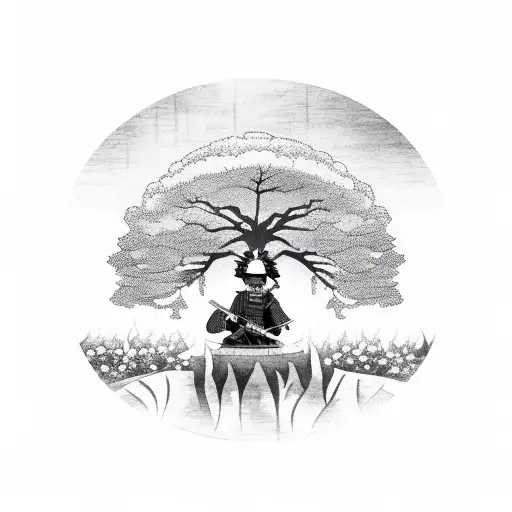Japanese Samurai Warrior Meditating Under A Bodhi Tree