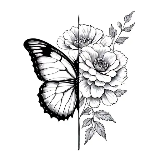 Half Butterfly And Half Carnation Flower And Anemones Flower Fine Line