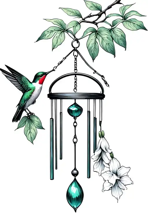 Branch With Windchime Hanging With Philodendron Leaves And Gladiolus Hummingbird Getting Nectar