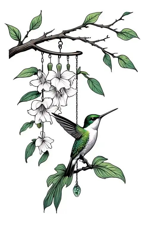 Branch With Windchime Hanging With Philodendron Leaves And Gladiolus Hummingbird Getting Nectar