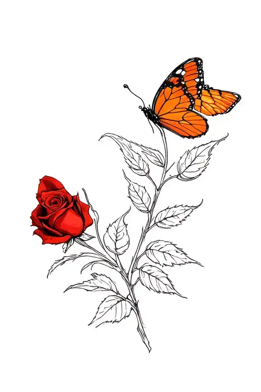Red Rose With One Orange Butterfly Landing