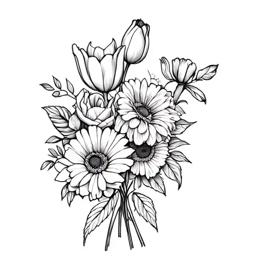 Boquet Flowers With Tulip And Rose And Gerbera Flower Intertwined