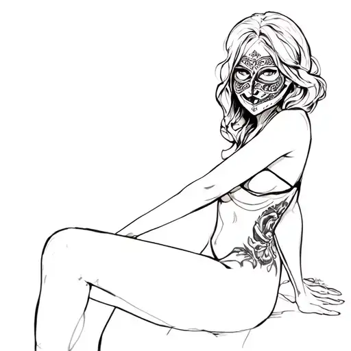 A Woman With A Mask On Her Thigh