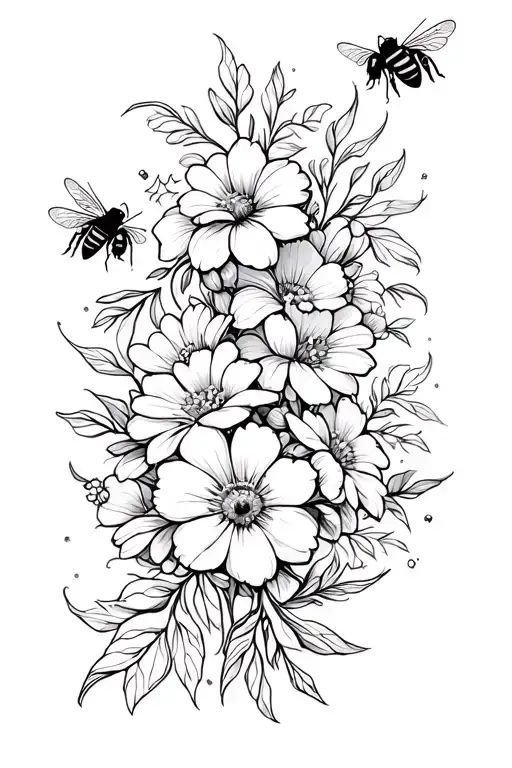 Flowers Intertwined With 2 Bees Flying
