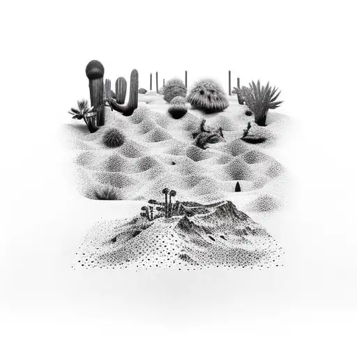A Surreal Scene Of A Desert Made Entirely Of Black And Grey Dotwork