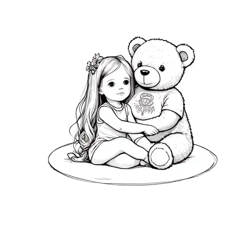 Fine Line Teddy Bear Holding Little Girl Sitting With Him