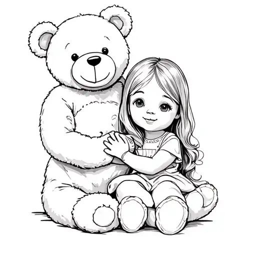 Fine Line Teddy Bear Holding Little Girl Sitting With Him