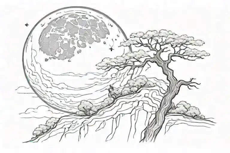 Jumping From A Cliff Under A Big Moon With A Tree In The Background