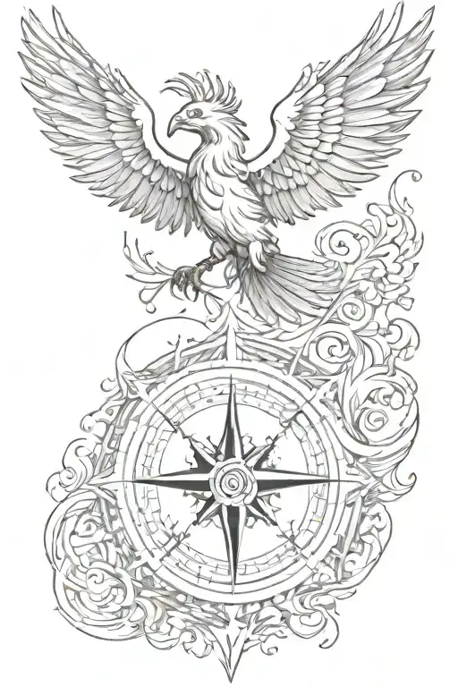 Flying Upwards Needled Compass With Phoenix Wings With Fire Around It All