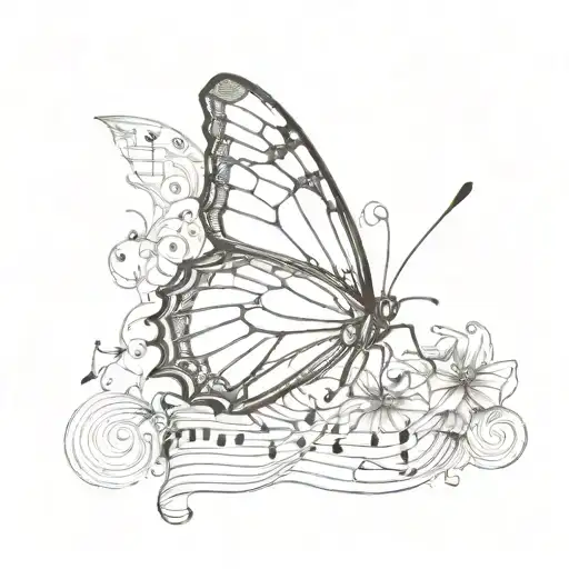 A Sketch Style Tattoo Of A Butterfly Perched On A Crown Made Of Musical Notes