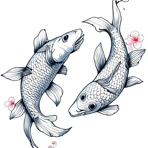 2 Koi Fish With Cherry Blossoms