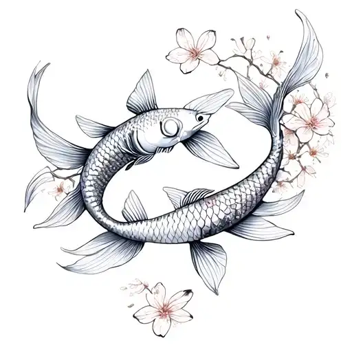 2 Koi Fish With Cherry Blossoms And Butter Fly