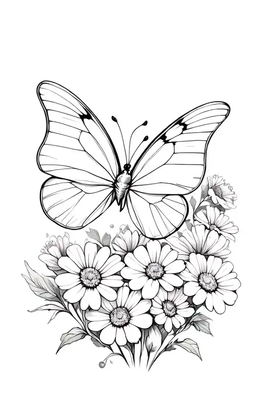 Small White Butterfly With Sweetpeas And Daisies