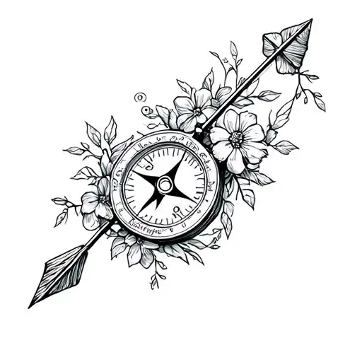 Dainty Compass With Flowers And Wrapped In Vines An Arrow The Top Having A Cross And Heart