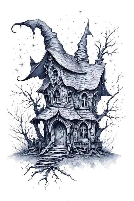 Witch House With Sparkles Black Grey Tattoo Realism