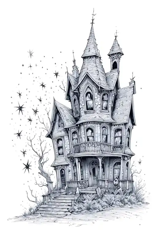 Haunted House With Sparkles Black Grey Tattoo Realism