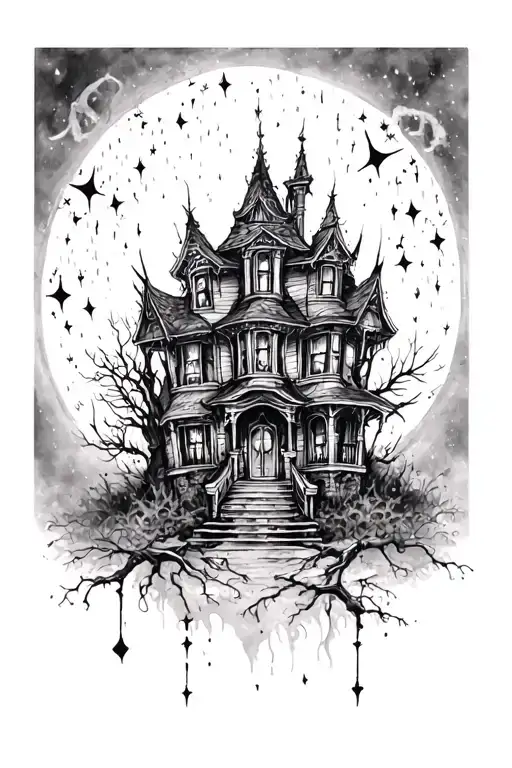Haunted House With Sparkles Black Grey Tattoo Realism