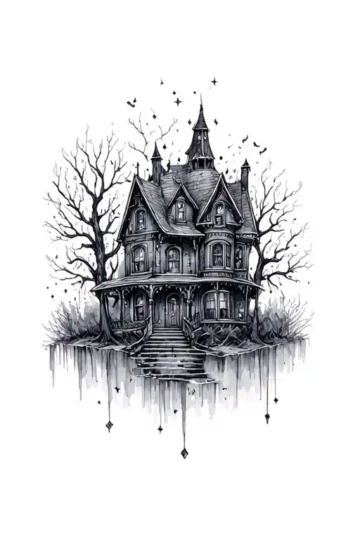 Haunted House With Sparkles Black Grey Tattoo Realism